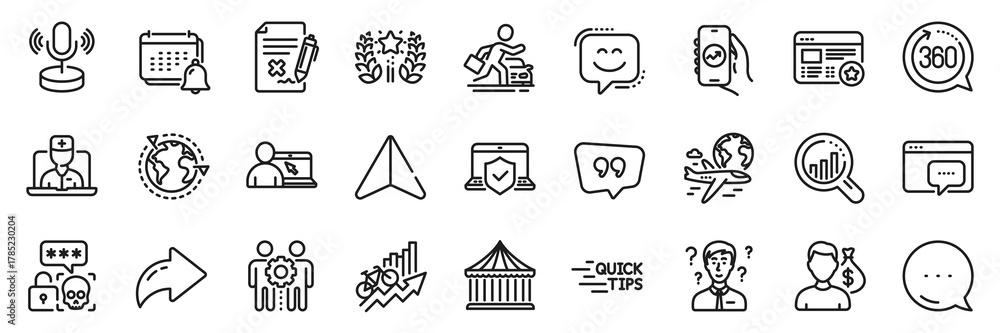 Naklejka premium Quote bubble, Seo analysis and Salary line icons pack. Share, Message, Paper plane icons. International flight, Employees teamwork, Support consultant web icon. Vector