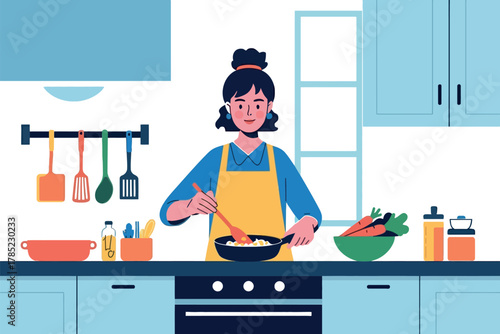 Woman in yellow apron cooking food in a pan in a blue and white kitchen