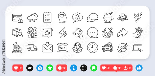Like, Messenger and Electricity line icons pack. Social media: share, comment, like icons. Difficult stress, Search package, Cholecalciferol web icon. Vector