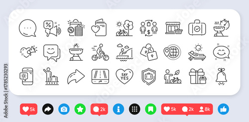 Smile chat, Love message and Weather phone line icons pack. Social media: share, comment, like icons. Luggage protect, Grill time, Smile face web icon. Vector