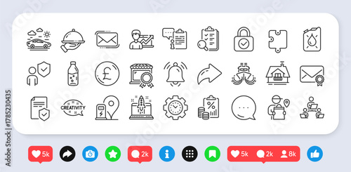 Time management, Notification bell and Restaurant food line icons pack. Social media: share, comment, like icons. Puzzle, Insurance policy, Messenger mail web icon. Vector