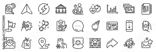 Rfp, Ice cream and Photo album line icons pack. Share, Message, Paper plane icons. Love letter, Web report, Cogwheel dividers web icon. Dot plot, Renewable power, Cv documents pictogram. Vector