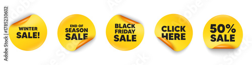 Winter sale sticker tag. 50 percent discount, Black friday paper price banners. Winter Sale tag. Special offer price sign. Advertising Discounts symbol. Click here sticker. Vector