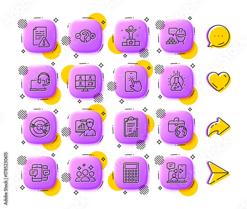 Targeting, Checklist and Instruction manual line icons. App 3d buttons. Social media comment, share, like icons. Pack of Quiz test, Calculator, Winner icon. Vector