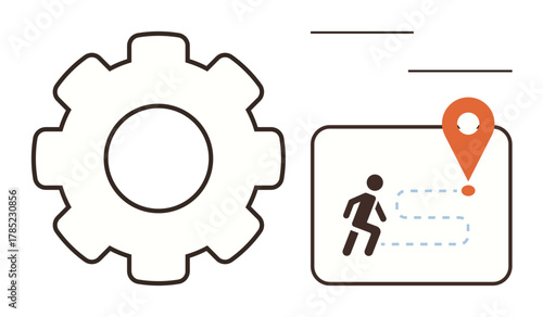 Large gear symbol beside map with dotted path, runner icon, and location pin. Ideal for workflow, process management, navigation, strategy, planning journey and optimization. Simple flat metaphor