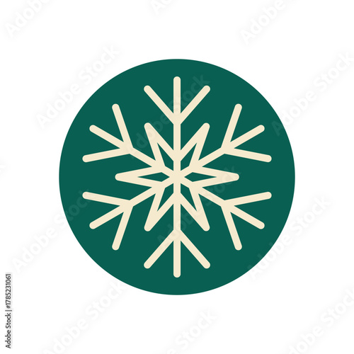 Round green snow flake sticker ornament in line style. Christmas snowflake decoration for winter holiday package. White element with xmas theme for seasonal packaging and cheerful design accent.