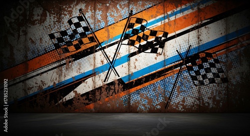 Grungy Checkered Racing Flags with Rustic Striped Background perfect for motorsports event promotion, website banner, poster design, t-shirt graphic,