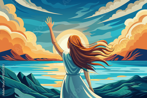 Young woman raising her hand by the sea and water waves standing facing the sea and back to the camera with long hair, concept of spiritual faith, peaceful religious worship,