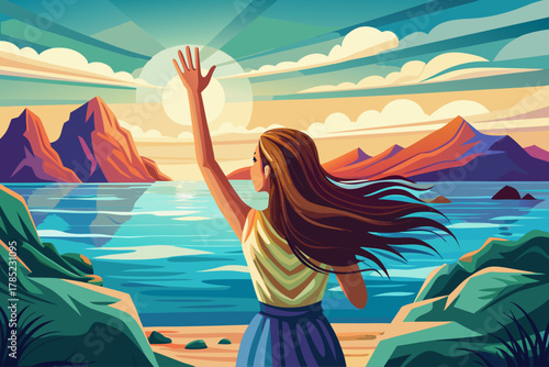 Young woman raising her hand by the sea and water waves standing facing the sea and back to the camera with long hair, concept of spiritual faith, peaceful religious worship,