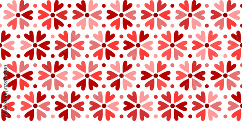 Flowers seamless print. Cute red spring background. Hearts petals pattern for Valentine's day, girly wrapping paper, decor, textile	
