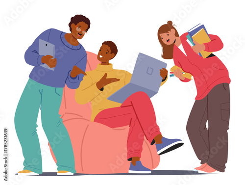 Smart teenage students cartoon characters studying together having nice collaboration experience