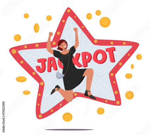 Young woman cartoon character rejoicing getting jackpot big financial prize isolated on white