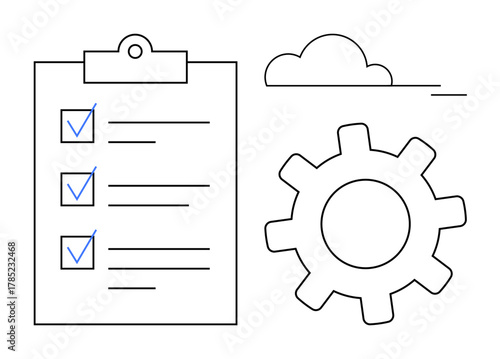 Task checklist with marked items, a gear, and a cloud. Ideal for project management, productivity, cloud computing, planning, teamwork workflow and organization. Simple flat metaphor