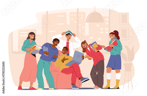 Creative students studying as team enjoying education fun and nice collaboration cartoon scene