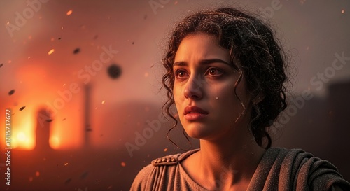Ancient Roman woman weeping amidst the devastating Pompeii volcano eruption, ash falling upon her sorrowful face, tragic historical disaster unfolding.