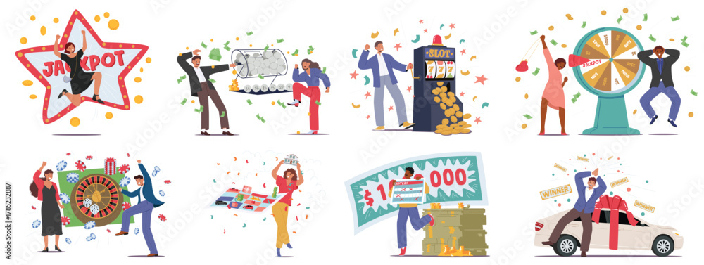 Fototapeta premium Lucky lottery winners, casino players, happy people characters celebrating striking financial prize