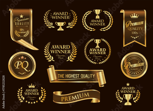 Premium Quality label and emblem sticker Brown black and Gold badges and icons Number 1 and laurel wreath for the Best product