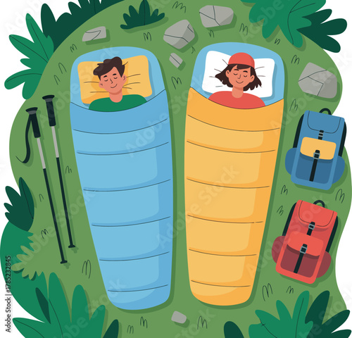 A couple sleeps peacefully in sleeping bags outdoors surrounded by nature.