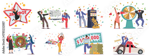 Lucky lottery winners, casino players, happy people characters celebrating striking financial prize