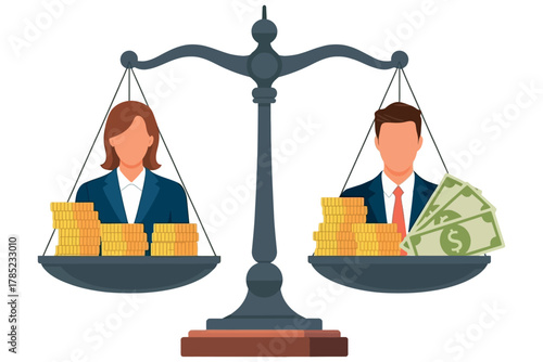 A balance scale shows a woman with more gold coins than a man with cash, illustrating the gender pay gap.