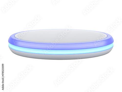 Futuristic round platform with glowing blue edge, white surface, and modern minimal design, suitable for product display or technology showcase
