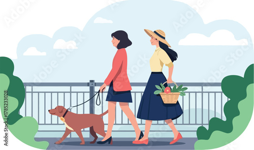 Two women walk their dog along a scenic path with a basket of flowers.