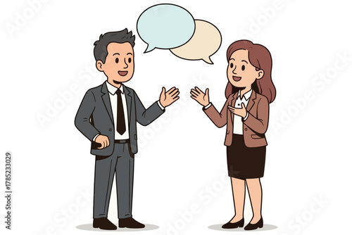 Two cartoon business people are having a conversation with speech bubbles above their heads.