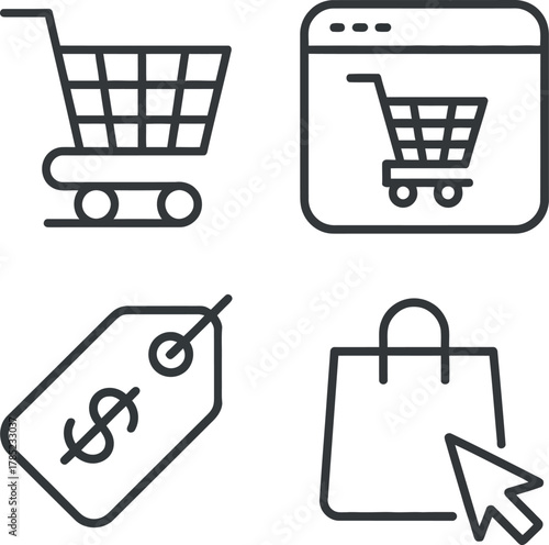 Shopping icons represent online commerce, price tags, and retail bags.