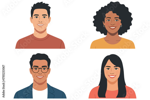 Four diverse individuals are smiling and looking directly at the camera.