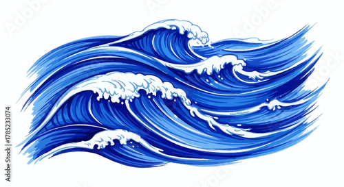 Dynamic illustration of stylized ocean waves crashing with white foam crests