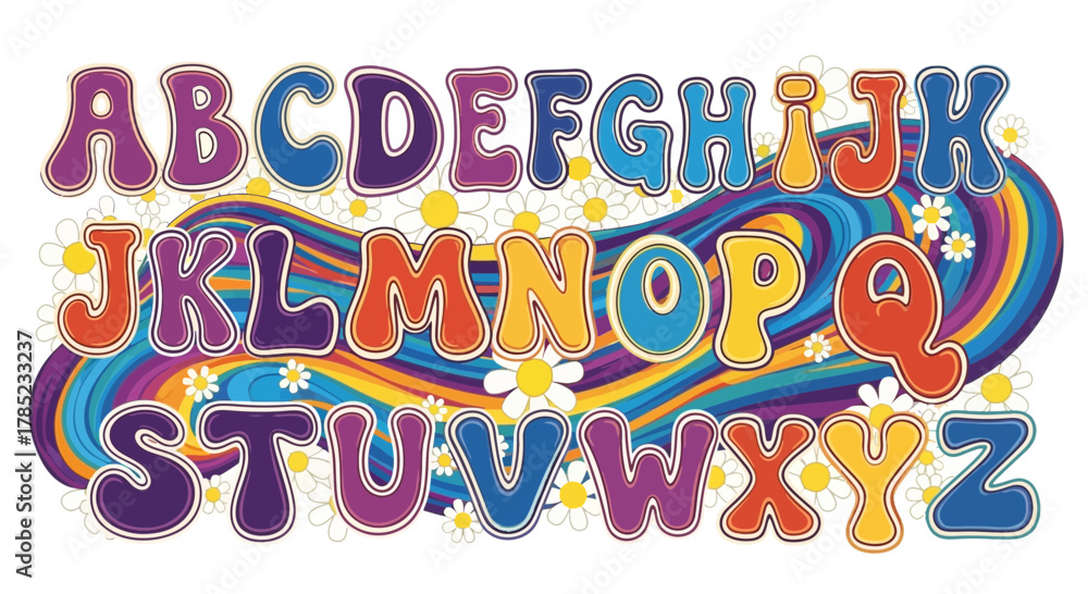 Naklejka premium Vibrant groovy alphabet illustration with colorful letters and daisy accents on white