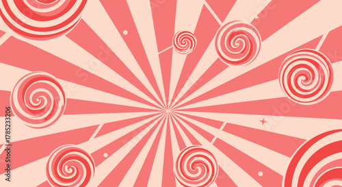 Sweet swirl: playful retro candy background with pink and white lollipops radiating energy