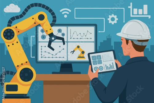 A person in a hard hat controls a robotic arm on a computer screen with a tablet.