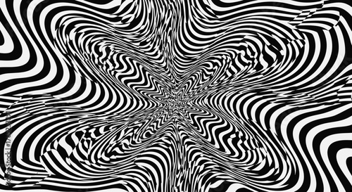 Abstract distorted optical illusion with psychedelic and hypnotic effect, black and white stripes