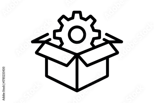 A gear symbol emerges from an open box, representing industrial creation and production.