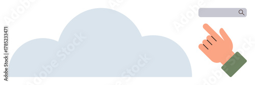 Hand pointing to the search bar above a cloud, symbolizing cloud computing, data search, online storage, and modern technology. Ideal for tech concepts, innovation, usability, minimalism efficiency