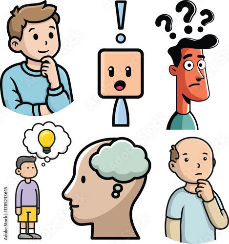 Person thinking icon set with question marks lightbulb and confusion
