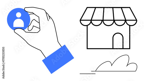 Hand holding a user profile icon next to a small storefront with an awning and simplistic shrubbery. Ideal for business, marketing, commerce, recruitment, customer focus, retail, networking. Simple