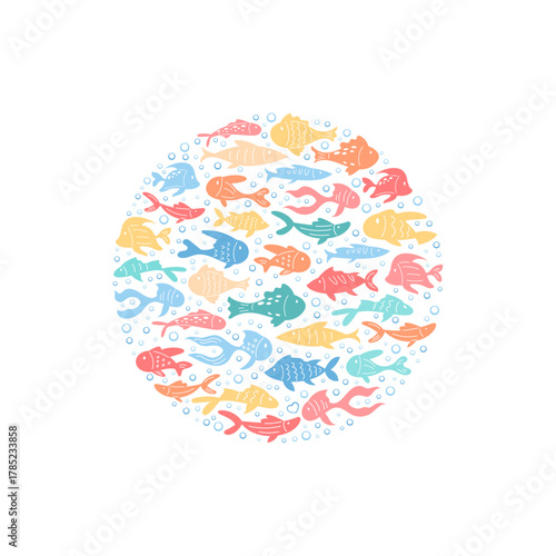 Underwater cartoon sticker fish swirl design in colorful round concept. Vivid aquatic life forms a seamless marine pattern. Abstract ocean circle background with playful sea creatures, ideal for