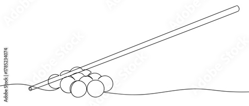 Snooker balls and snooker sticks, continuous line Dynamic single line draw design vector illustration graphic Editable stroke. 