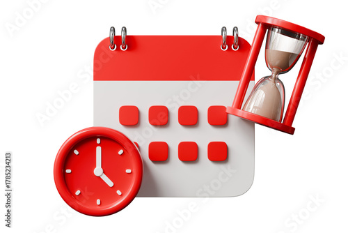 3d calendar with clock and hourglass icon. deadline planning concept. Minimal cartoon schedule planner reminder timer for app banner. isolated on white background. 3d render.