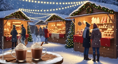 Christmas market poster with wooden stalls, string lights, hot cocoa mugs, and snow, cozy holiday atmosphere