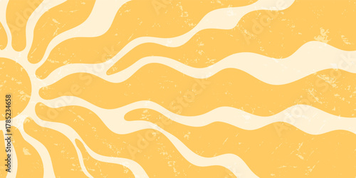 Groovy retro sun burst with orange ray in horizontal orientation. Graphic sunshine wave in bold yellow brings vintage y2k energy as a grungy abstract background. Strong nostalgic mood and style.