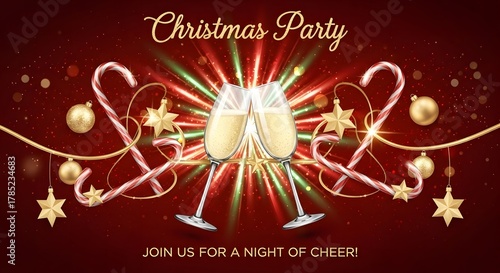 Christmas party poster with champagne glasses, disco lights, candy canes, and gold ornaments, elegant festive layout, stylish typography