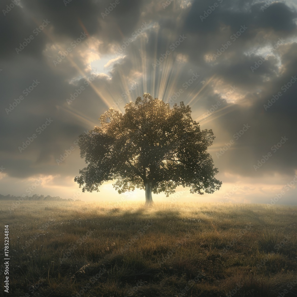 Obraz premium Tree basks in sunlight on meadow, dramatic clouds in background, for meditation