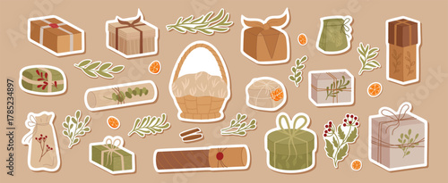 Rustic kraft cardboard box pack in flat green graphic style. Cardboard present and kraft package set show gift pack as modern xmas or holiday decor, versatile for festive use.