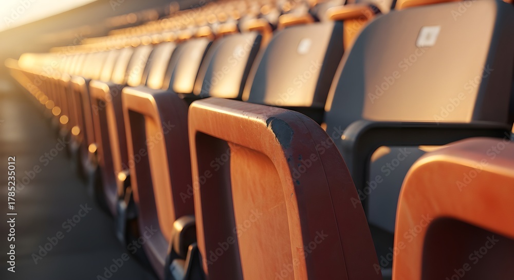 Fototapeta premium Empty stadium seats bathed in golden light invite reflection and anticipation for upcoming games, offering a sense of community and excitement