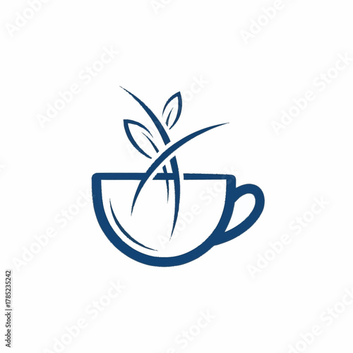 Minimalist blue teacup logo with an abstract plant sprout.