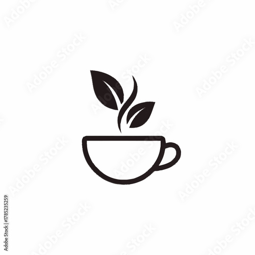 Minimalist tea cup with leaves representing freshness and natural ingredients.