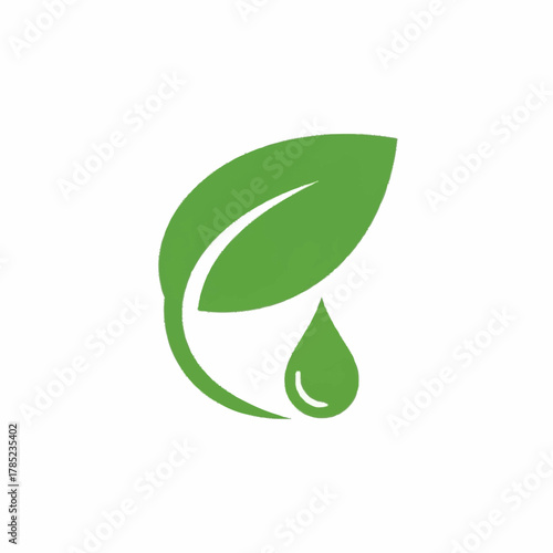 Green leaf and water drop logo representing nature and freshness concept.